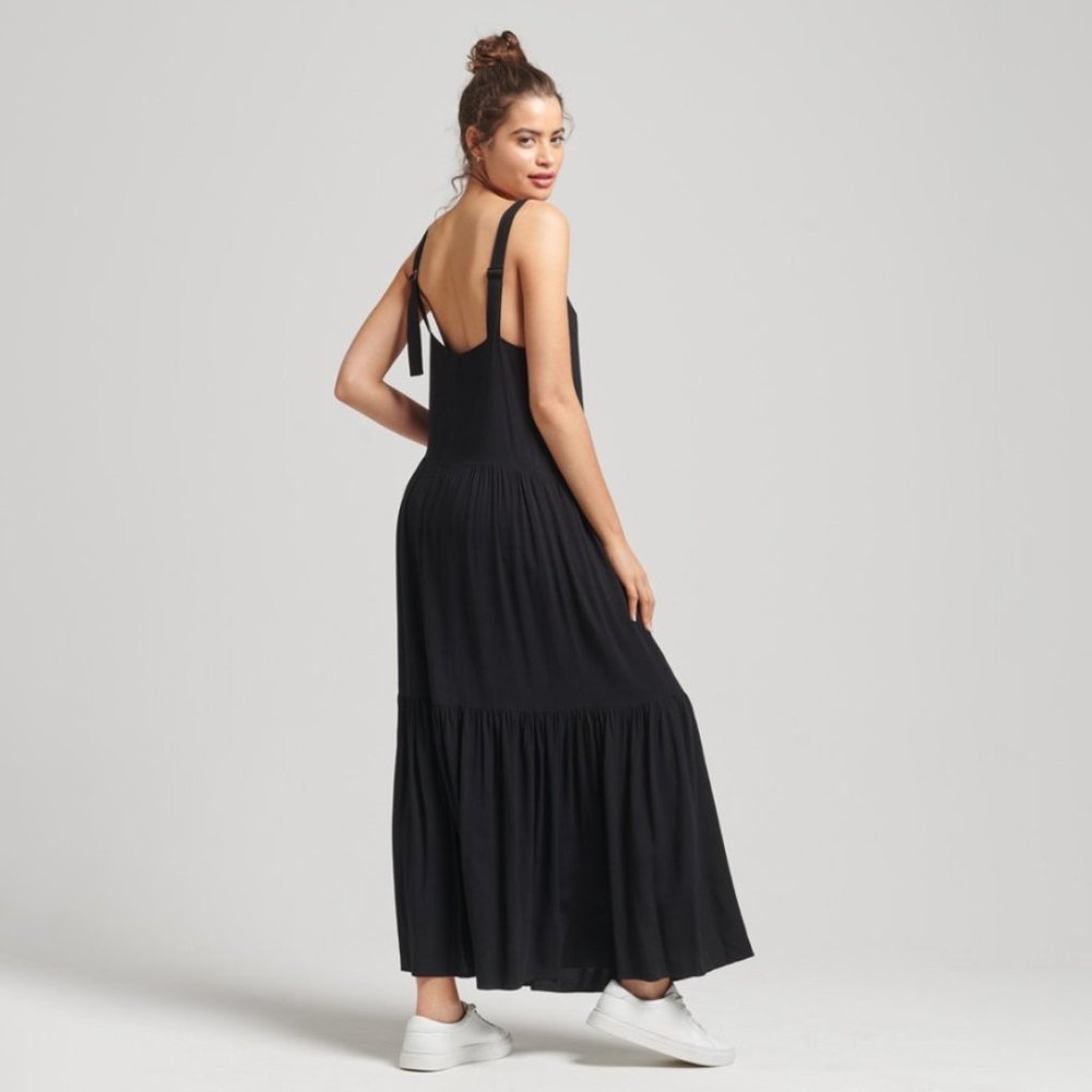 NWT SUPERDRY Studios Woven Tiered Maxi Dress Black Size 6